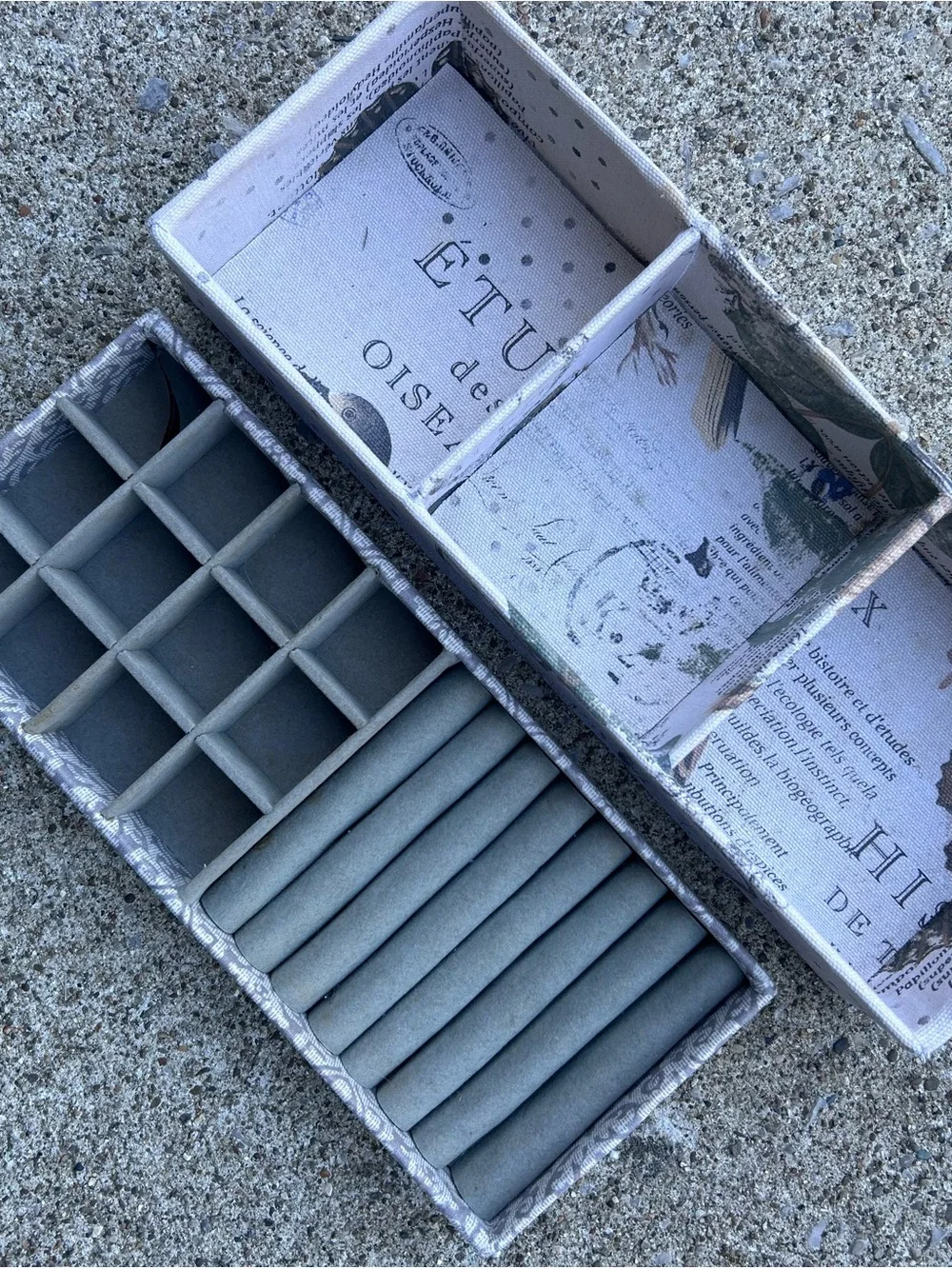 Gray Fabric Jewelry Organizer Boxes with Ring Rolls and Compartments